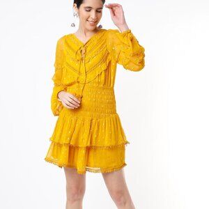 Hemant & Nandita Lurex & Chiffon Tiered Mustard Mini Dress